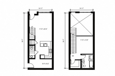 Floor plan for 1 bed, 1.5 baths, 907 sqft